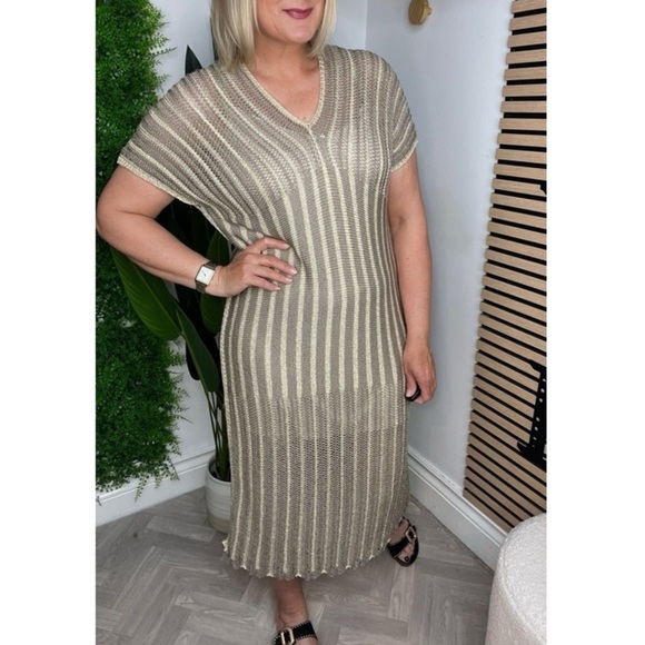 Floris Lurex Crochet Knit Maxi Dress NWT in Sage Gold Metallic Made in Italy - Picture 8 of 15